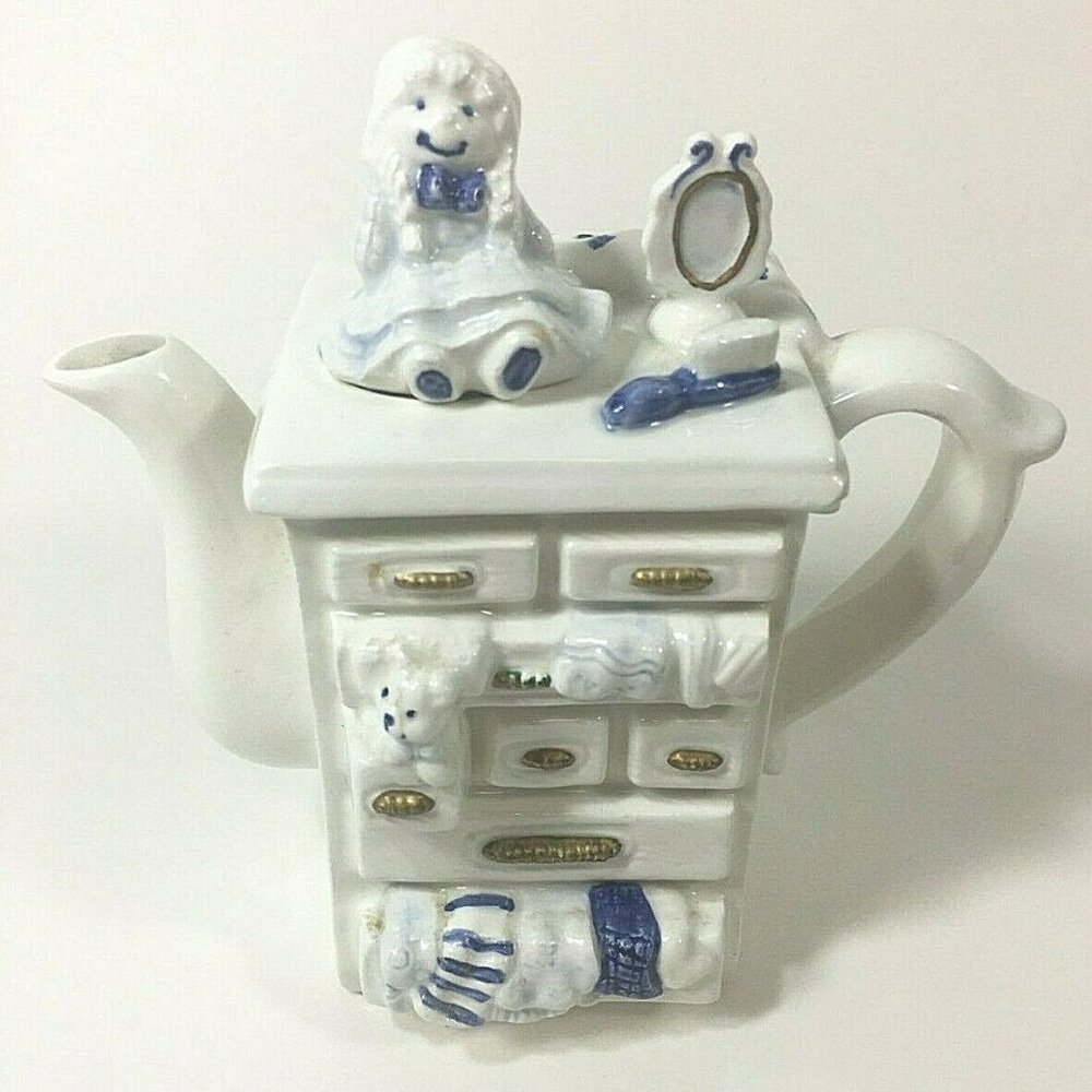 Decorative White Teapot Girls Decor Chest of Drawers Doll Brush